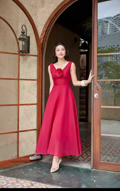 Sixdo Red Organza Flared Dress With Flower